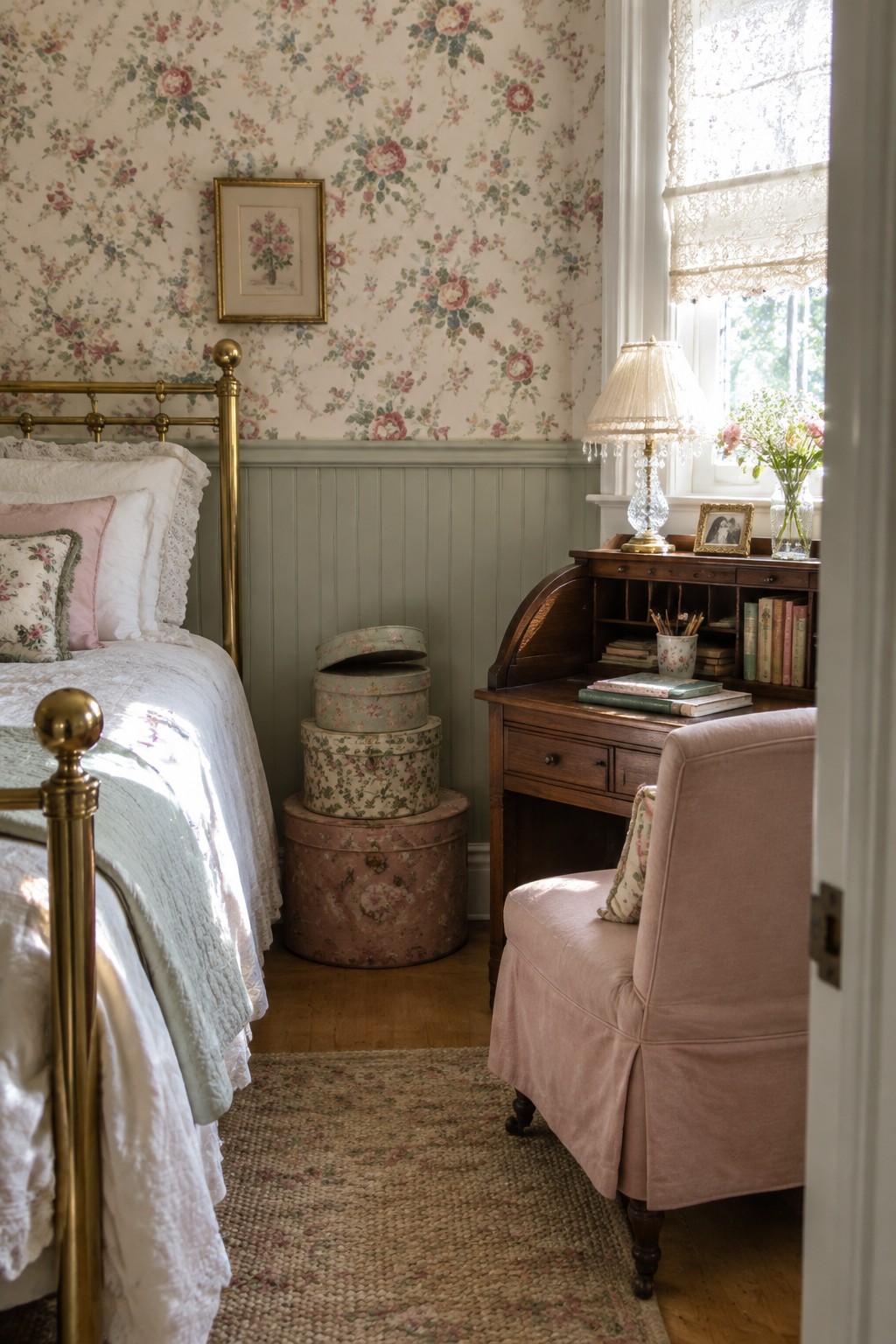 A bedroom with a brass bed on the left, stacked floral hatboxes against sage green wainscoting, and a wooden roll-top desk with a pink upholstered chair positioned in front of a sunlit window.