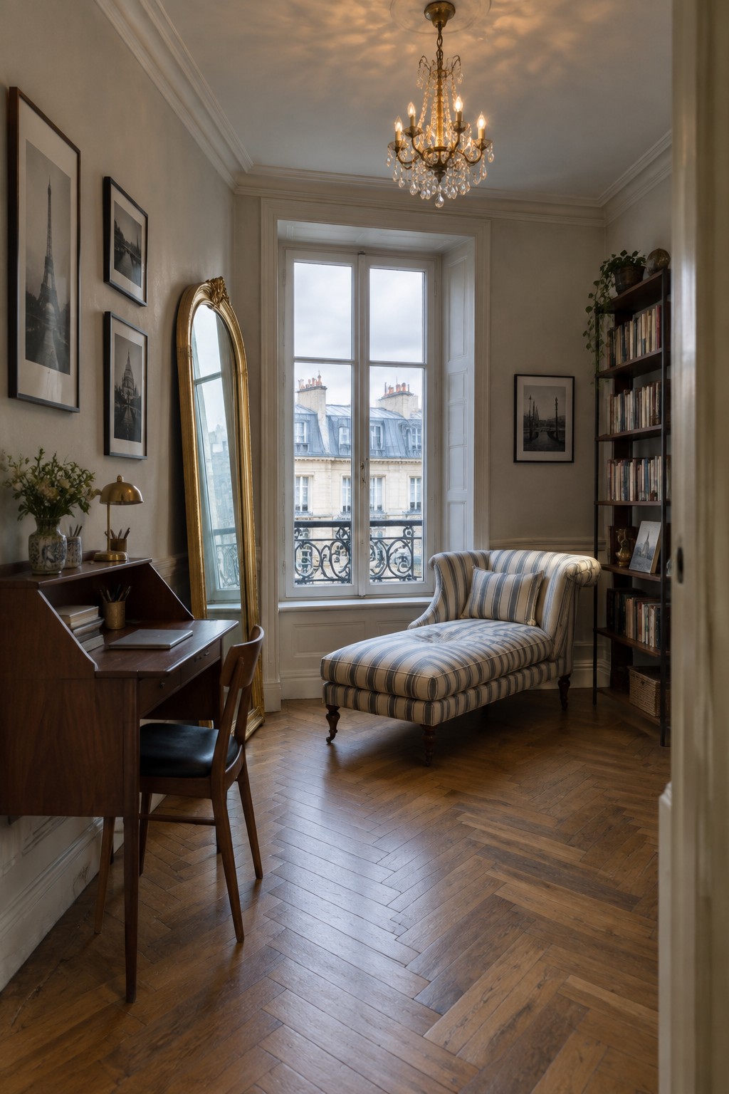 Elegant Parisian study with striped chaise lounge, wooden desk, bookshelf, and crystal chandelier.
