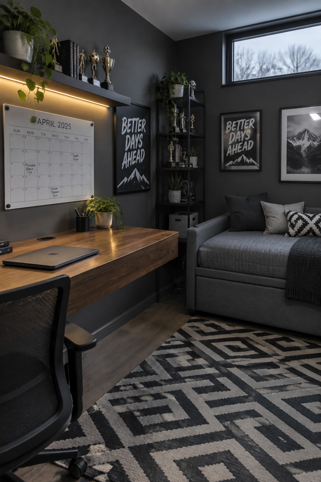 A teen bedroom with a wooden floating desk, black mesh chair, gray daybed, dark walls, and a wall calendar under a lit shelf.
