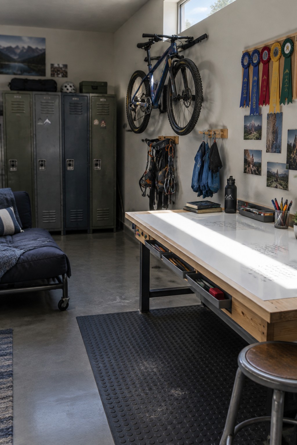 A large white desk with built-in storage drawers stands in a teen bedroom that also contains a wall-mounted blue bicycle, green metal lockers, and a navy daybed.
