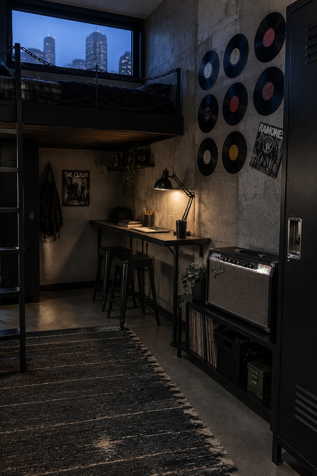 A compact teen bedroom featuring a black metal loft bed above a simple desk with stools, vinyl records mounted on a concrete wall, and a guitar amplifier beneath the desk.