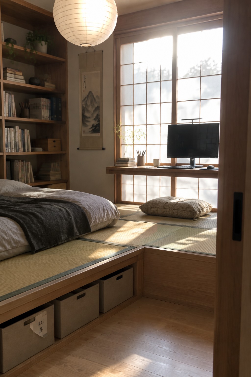A Japanese-style bedroom with a low platform bed on tatami mats, under-bed storage bins, wooden built-in shelves, a window desk with a computer monitor, and a round paper lantern overhead.