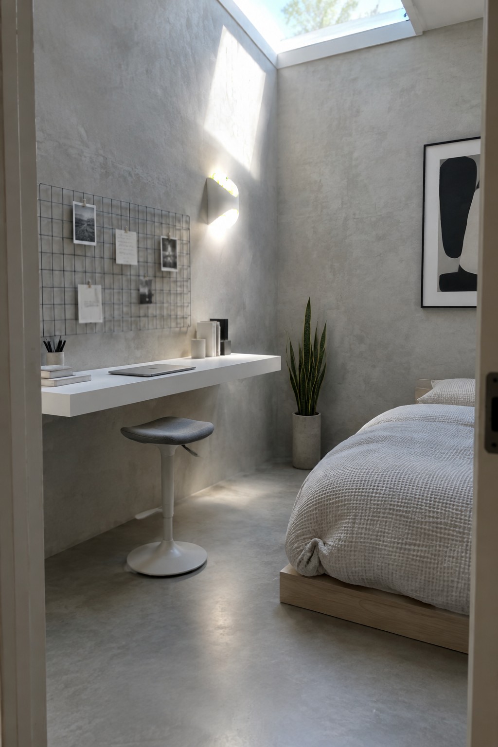 A minimalist bedroom interior showing a white floating desk with a laptop and books beneath a wire grid on a concrete wall, a gray stool underneath, and a bed with white bedding to the right.