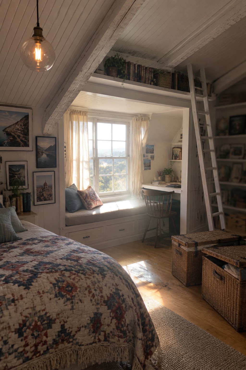 An attic bedroom with a large window alcove containing a cushioned window seat with storage drawers, a wooden desk and chair beside it, bookshelves above the alcove, a white ladder to upper storage, and a bed with a patterned quilt in the foreground.