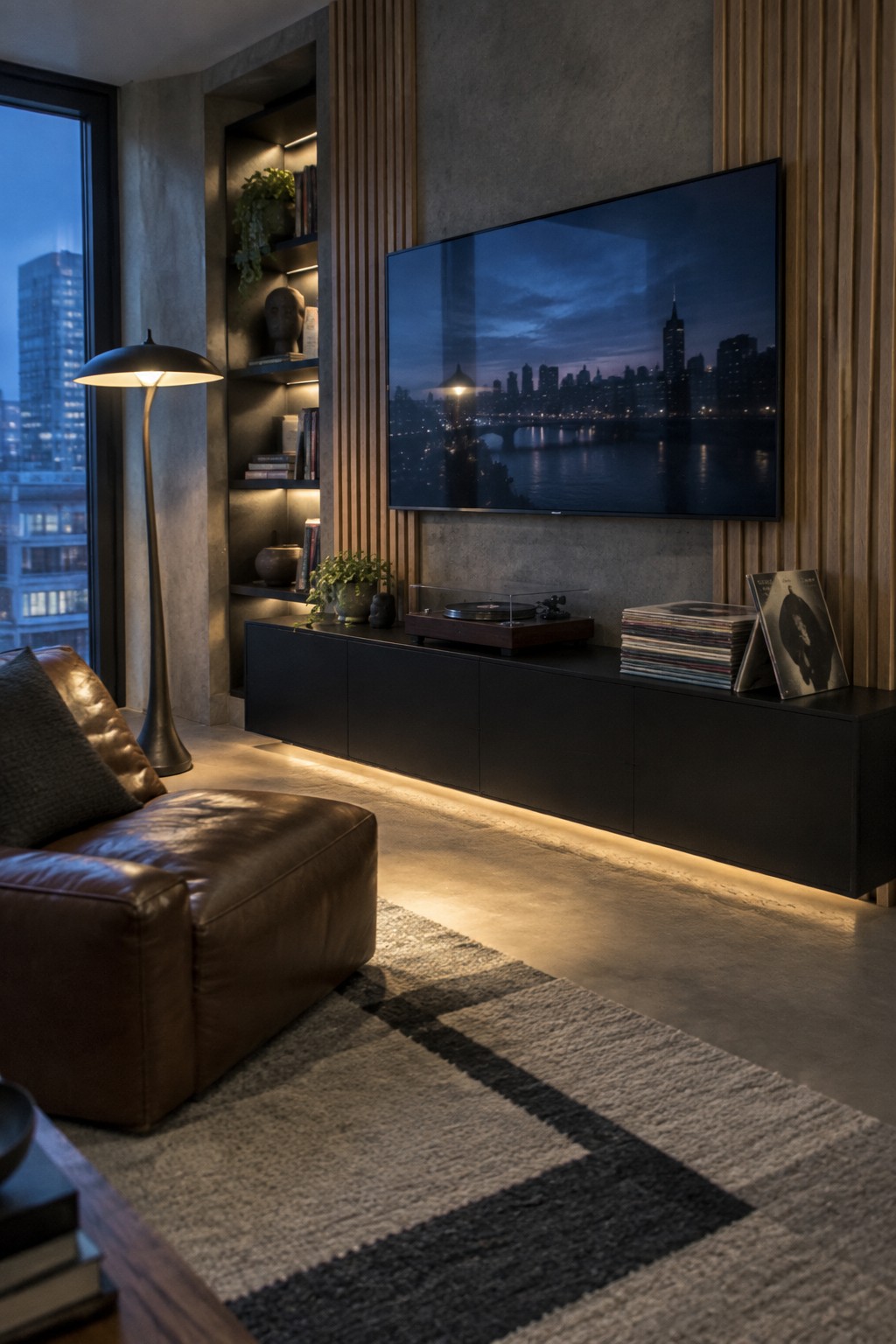 Modern living room with brown leather ottoman, glowing TV cityscape, turntable and geometric rug.