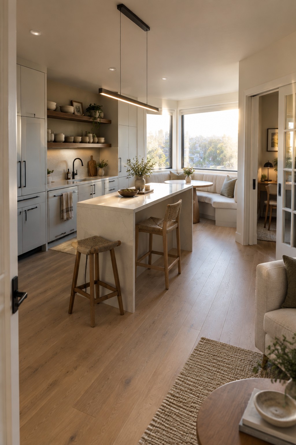 Modern kitchen with marble island, woven stools, and sunlit city-view windows.