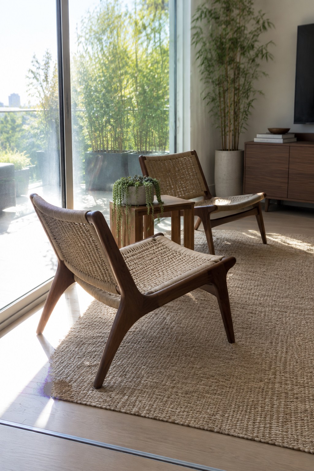 Two wooden woven chairs on a beige rug in sunlit room by large window
