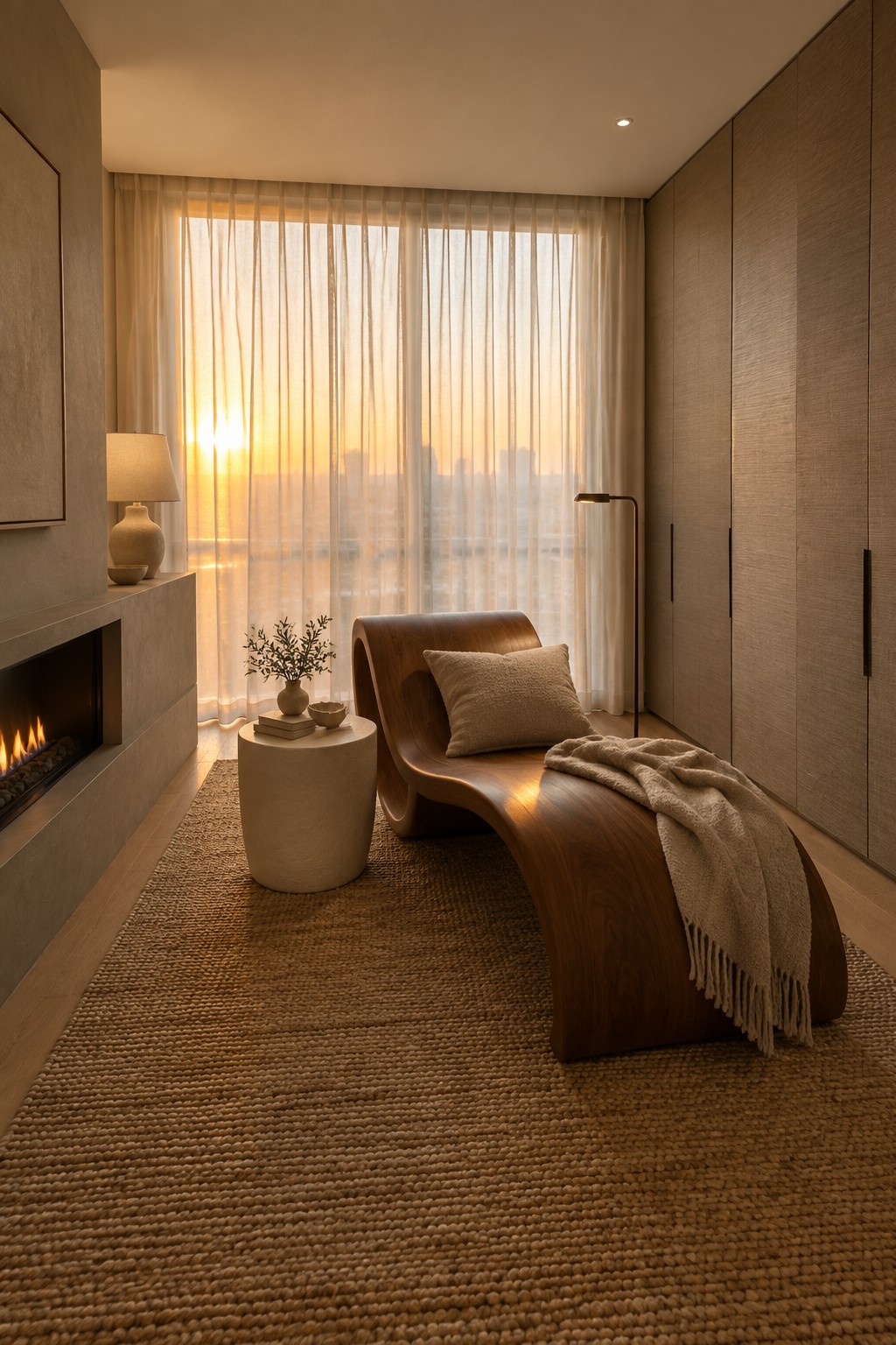 Minimalist room with curved wooden chaise on jute rug, fireplace, and sunset city view