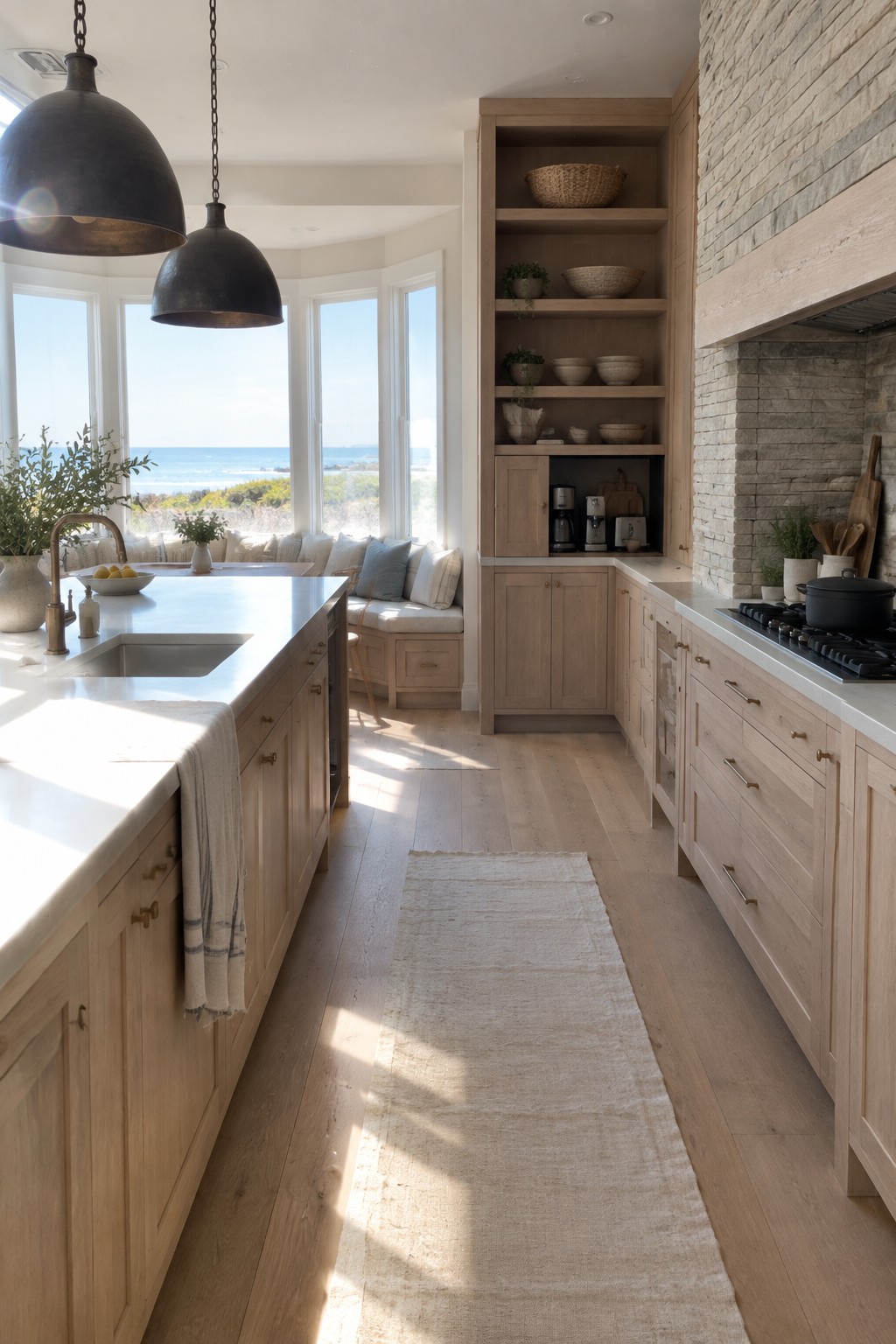 Bright coastal kitchen with light wood cabinets, marble island, and ocean views