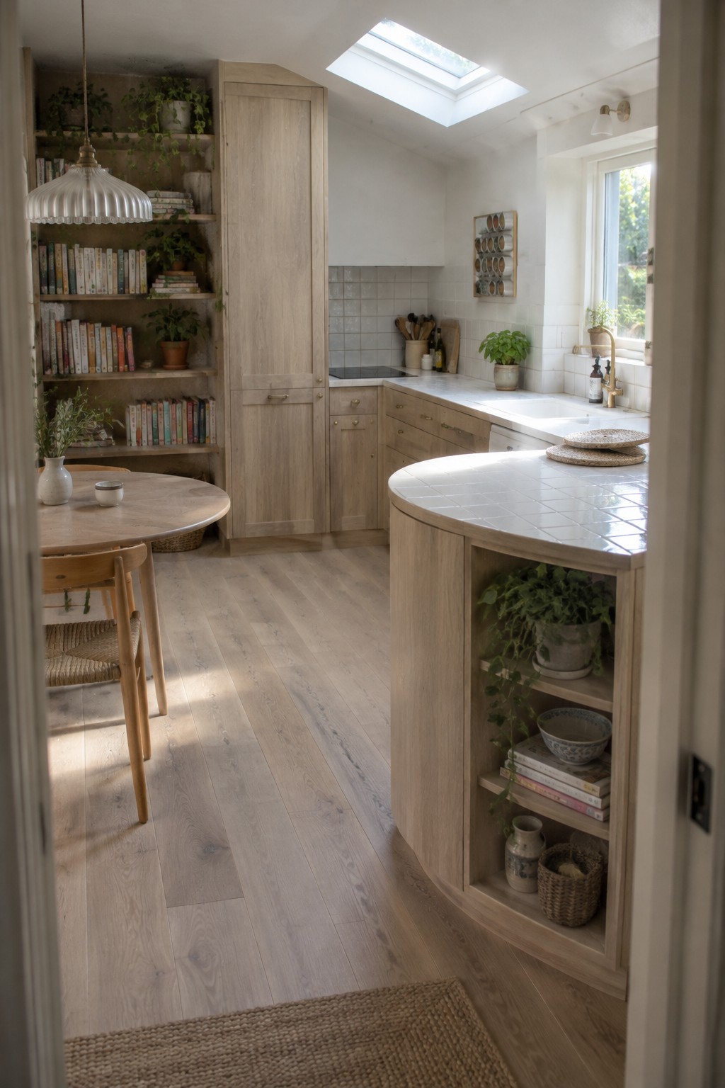 Interior view of a kitchen with light wood cabinetry, a curved island topped with white tiles and featuring open lower shelving, a round wooden dining table, and built-in bookshelves along one wall.