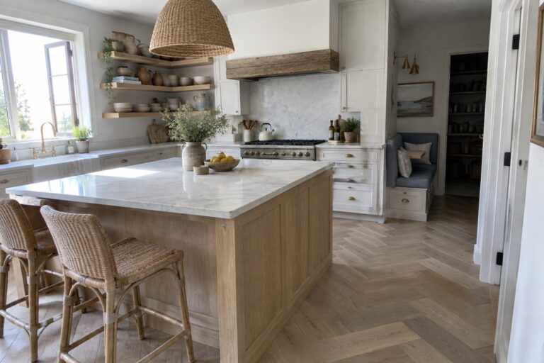 Spacious neutral kitchen with marble island, rattan stools, and woven pendant light