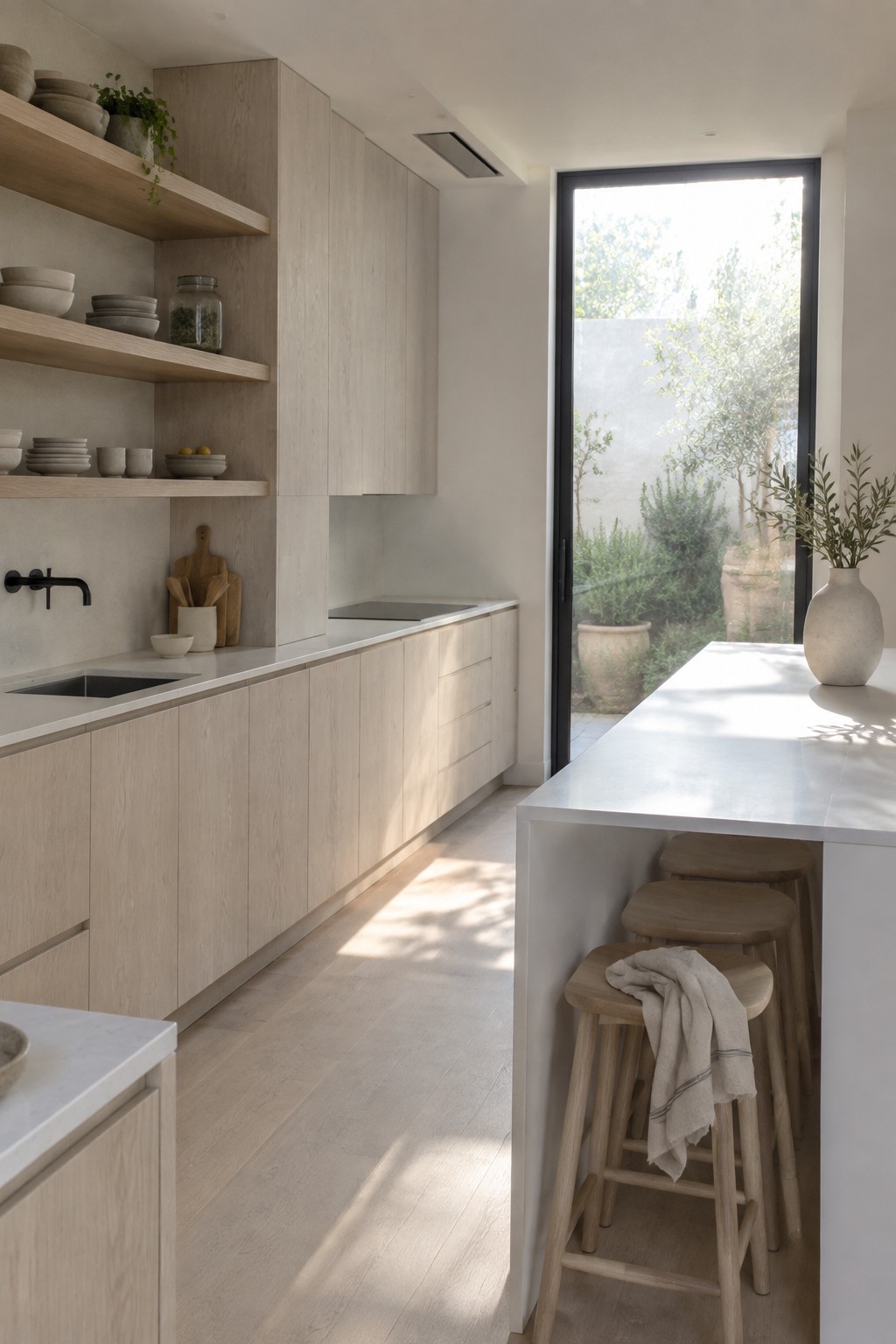 Modern minimalist kitchen with light wood cabinets, white counters, open shelves, and bar stools.