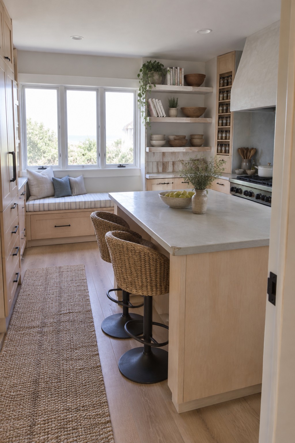 A bright kitchen with light wood cabinetry and island, woven bar stools, open shelving, a gas range, and a window seat with cushions overlooking the ocean.