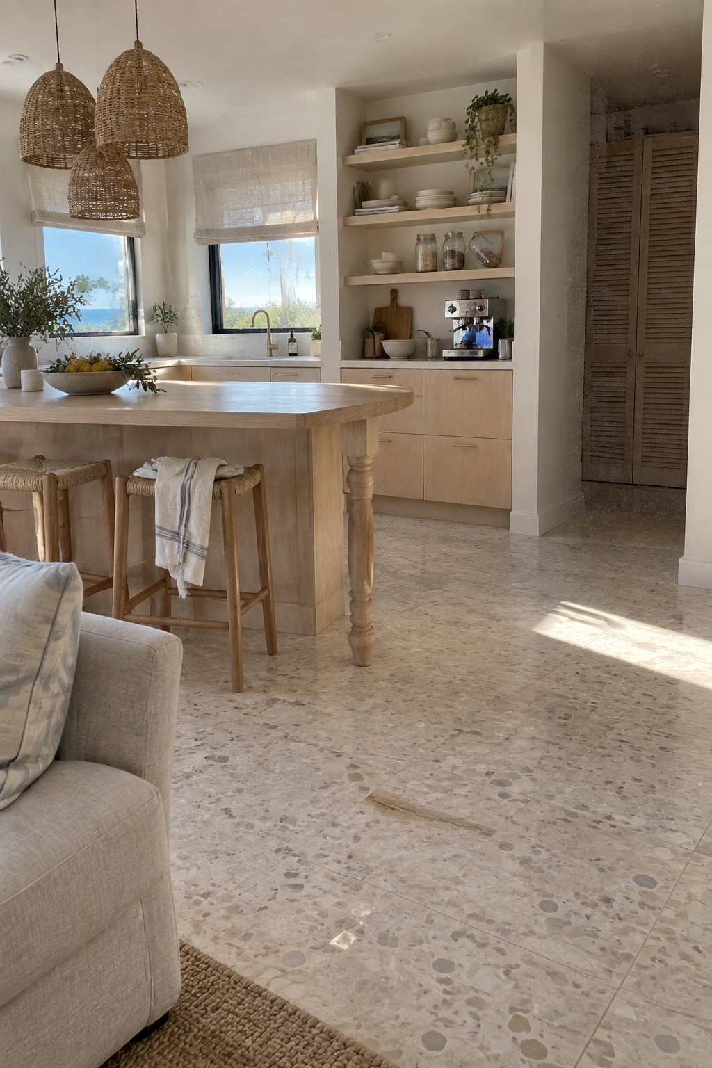 A bright coastal kitchen with a light wood island on a turned leg, woven bar stools, open shelving, and large windows showing a view of the water.