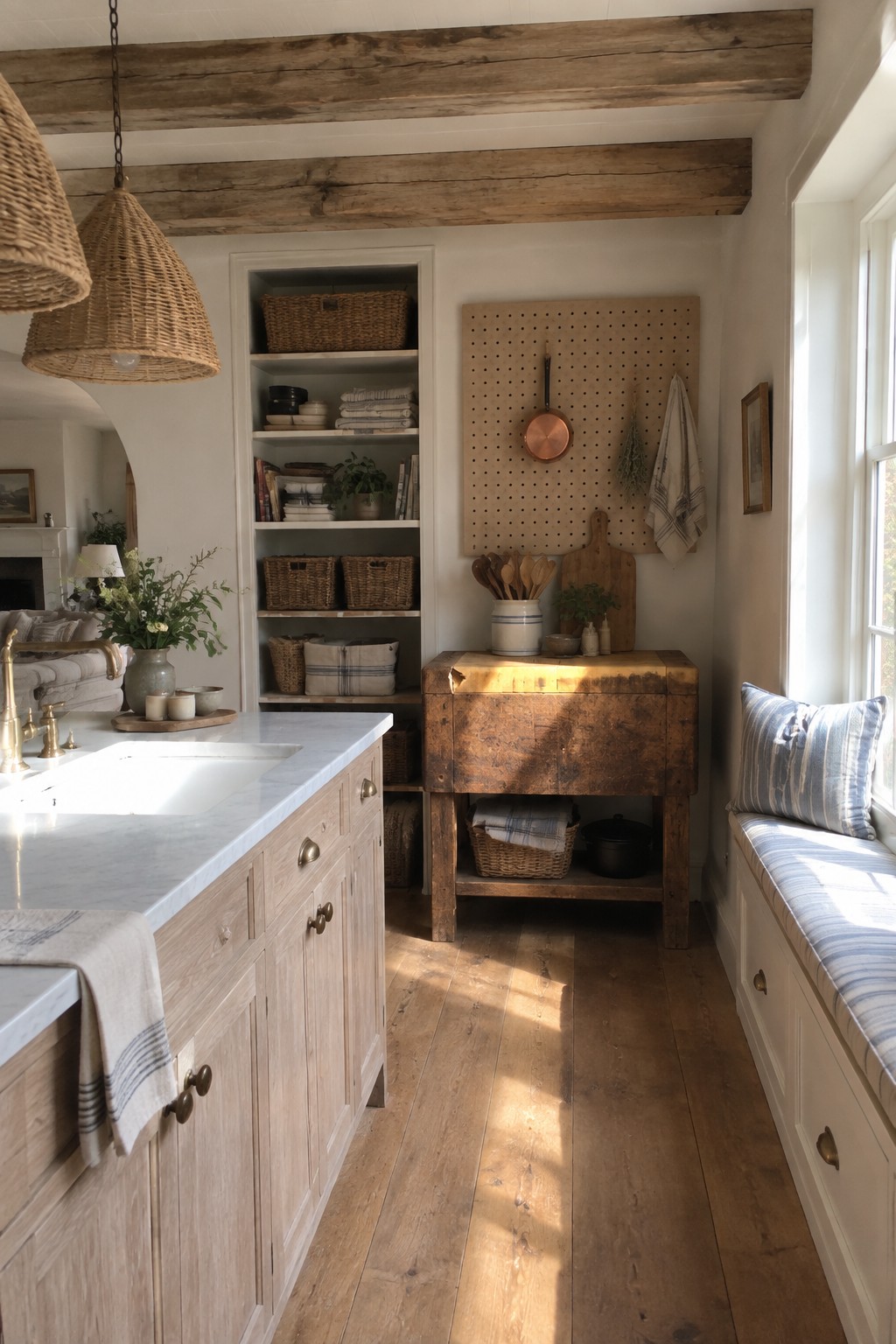 A bright coastal kitchen with light wood cabinets, white marble countertop, wooden pegboard wall, rustic work table, and woven pendant lights.