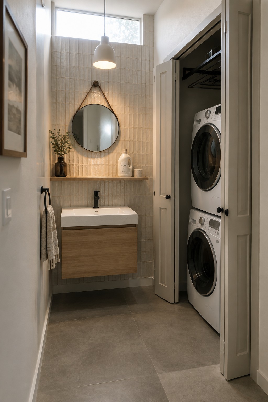 A small modern bathroom with beige tile walls, a floating wood vanity and sink, round mirror, and an open closet revealing a stacked white washer and dryer.
