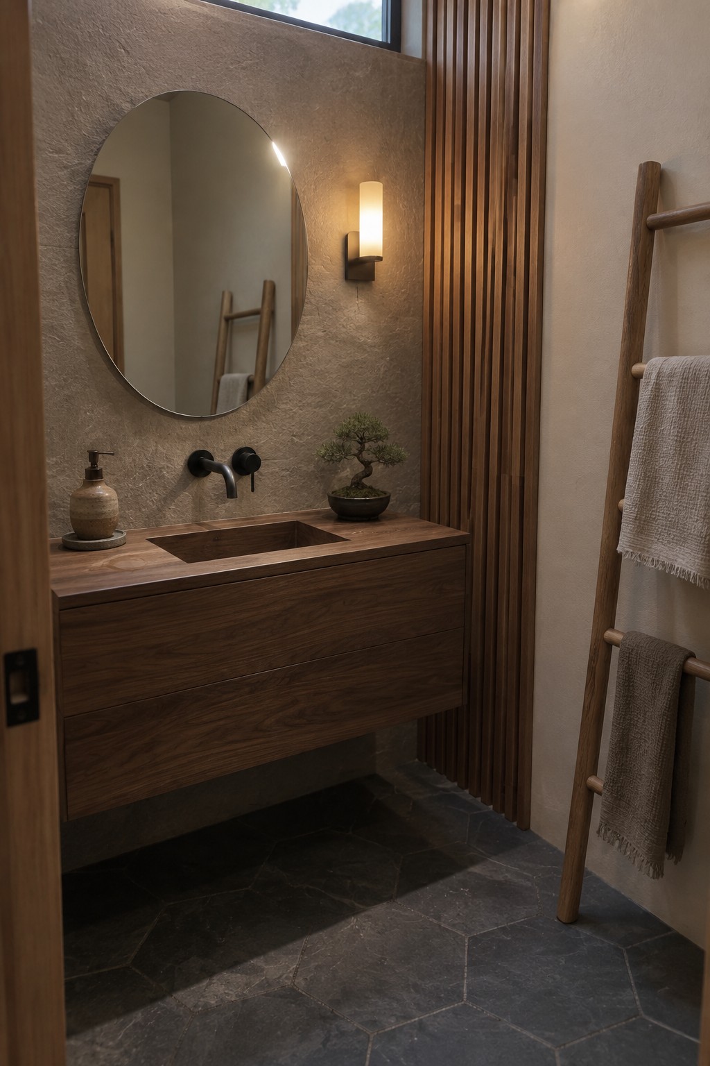 Modern bathroom with floating wood vanity, round mirror, bonsai, and towel ladder