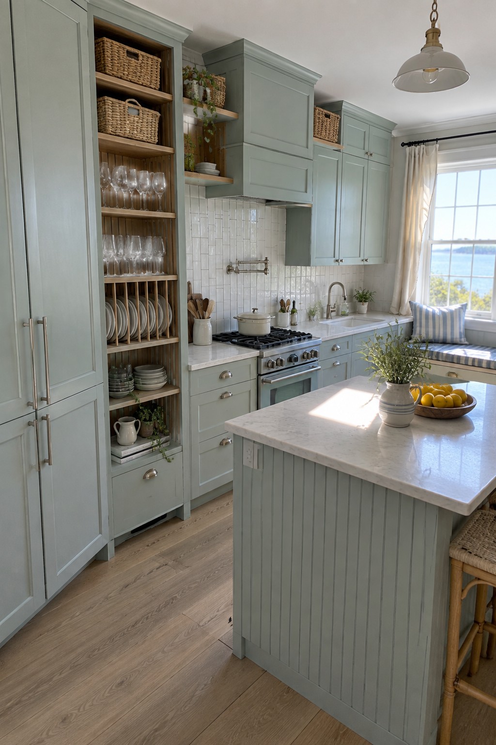 A kitchen with light green cabinets and tall open shelving filled with glassware, plates, and wicker baskets next to a marble island and stove.