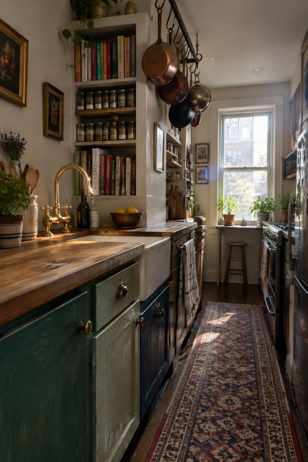 A narrow kitchen featuring green and blue cabinets, a white farmhouse sink, wooden countertops, open wall shelves stocked with jars and books, and copper pots hanging from a black metal ceiling rack.