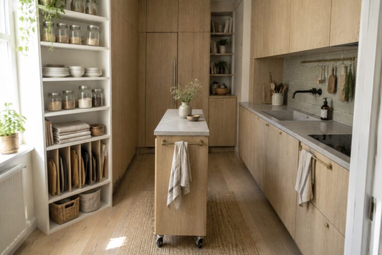 25 Small Kitchen Design Ideas Using Vertical Storage Light wood kitchen with rolling island, open shelves, stainless fridge, and woven rug.