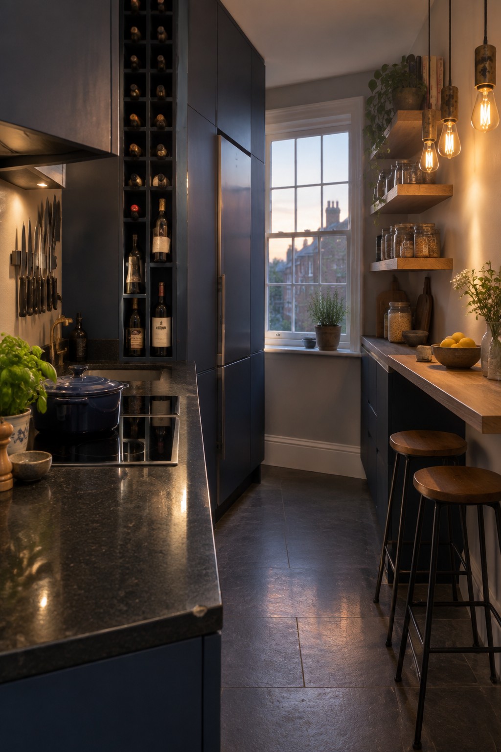A narrow kitchen with dark blue cabinets shows a tall built-in wine bottle storage unit beside a window and two wooden bar stools at the counter.