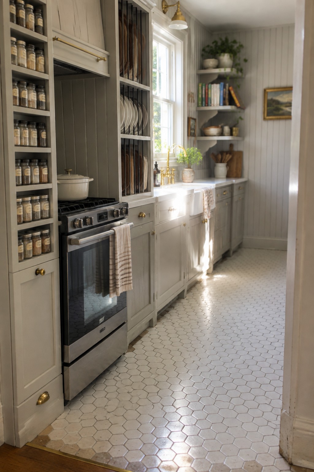 A narrow kitchen with white hexagonal floor tiles, gray painted cabinets, a stainless steel range, and tall open shelving holding jars, plates, and books along one wall.