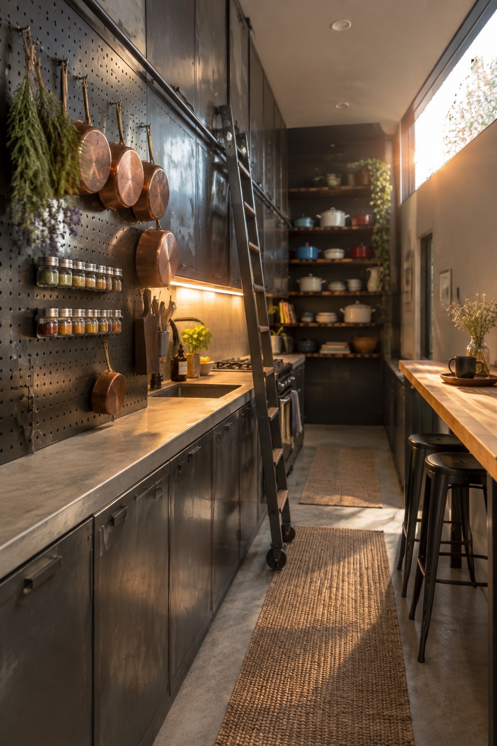 A narrow kitchen interior with dark metal cabinets, a pegboard wall holding copper pots and spice jars, a rolling ladder, concrete counters, and two black stools at a wooden table.