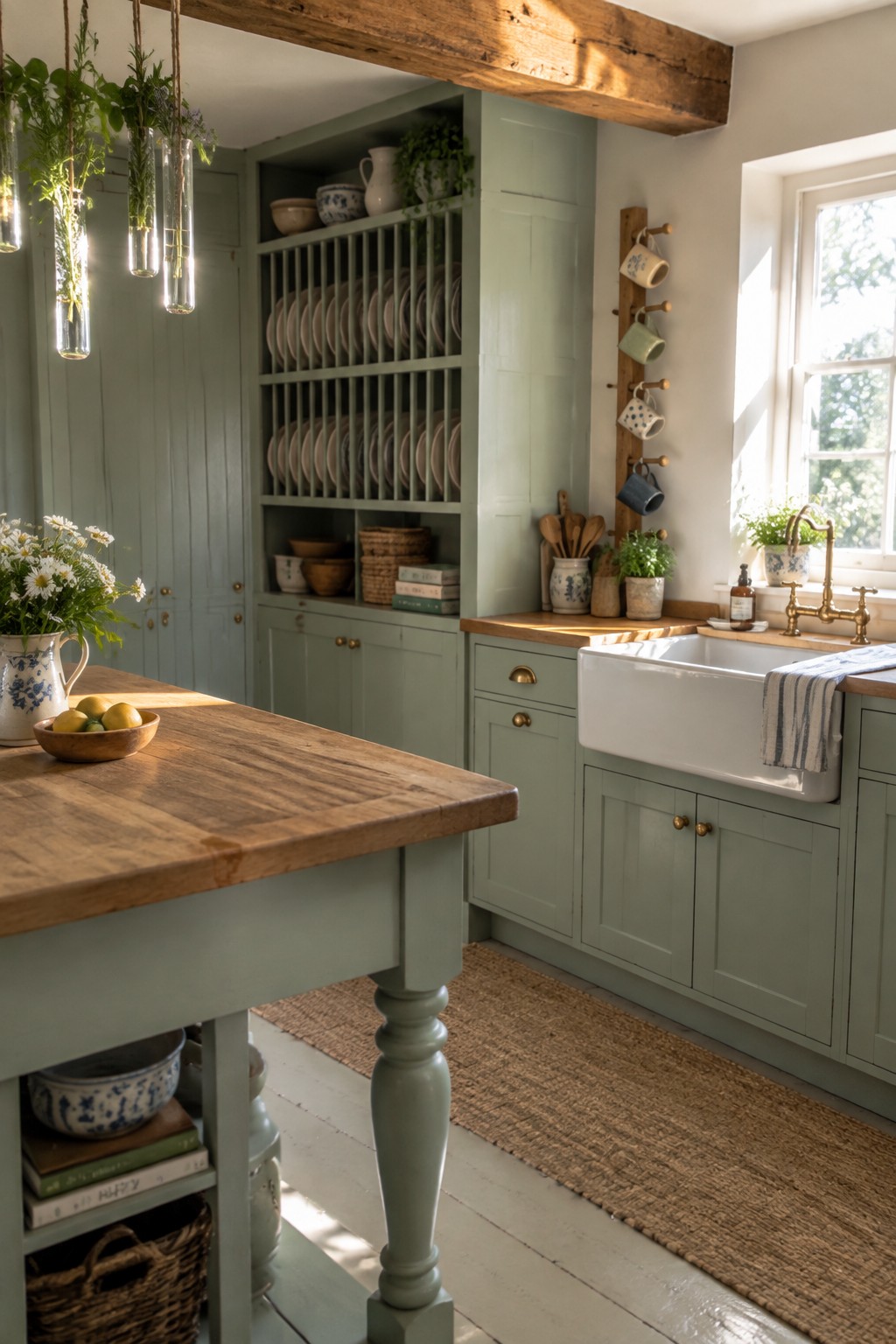 A kitchen interior with sage green cabinets, open plate shelving, a wooden peg rail holding mugs on the wall, and a white farmhouse sink under a window.