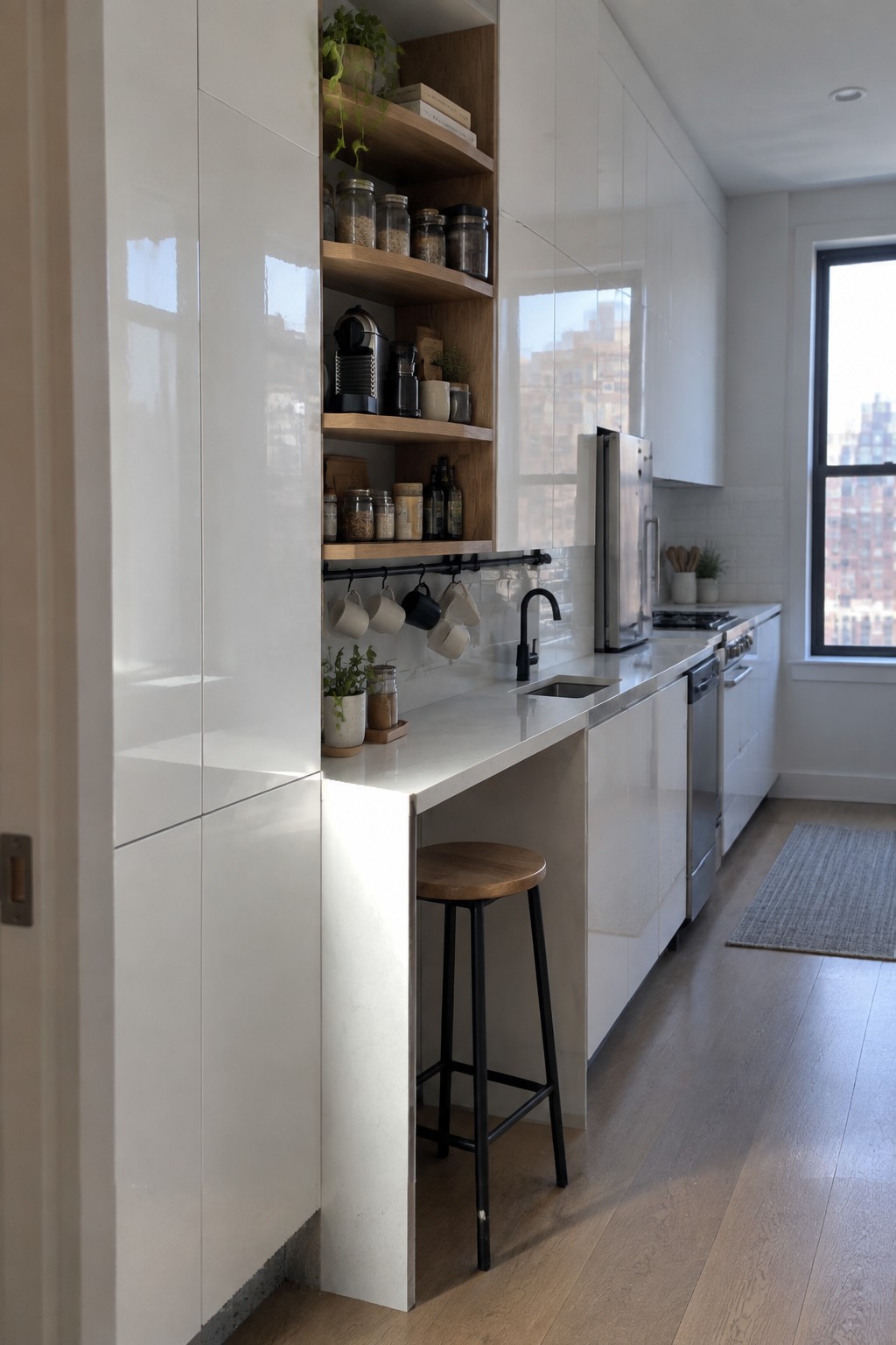 A narrow modern kitchen with white cabinets, open wooden shelves holding jars and a coffee maker, a black wall-mounted mug rack, and a small marble counter with a wooden stool.