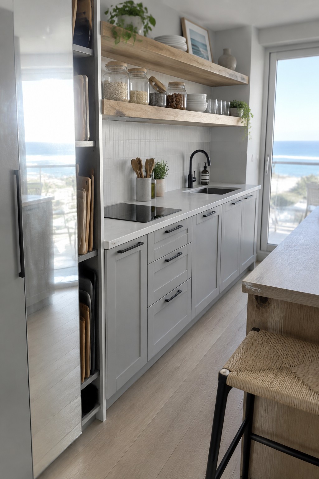 Modern gray kitchen with white counters, wood shelves, cooktop, and ocean view.