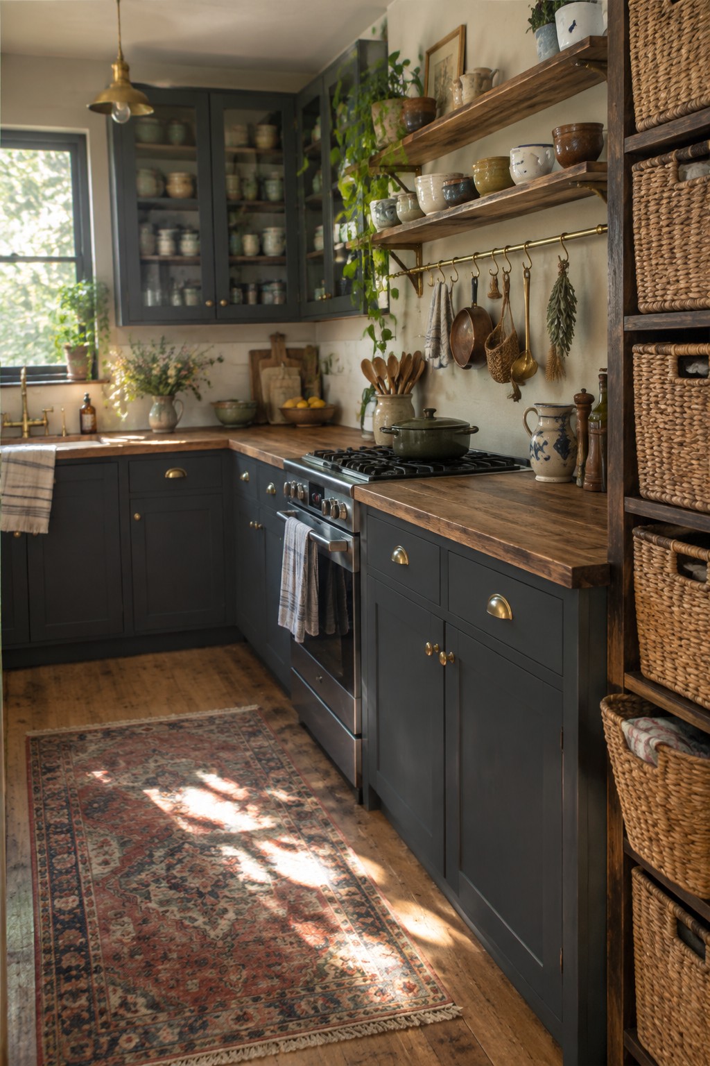 A compact kitchen with dark cabinets, wooden countertops, open wooden shelves holding pottery, and a brass rail with hanging pots and utensils above the stove.