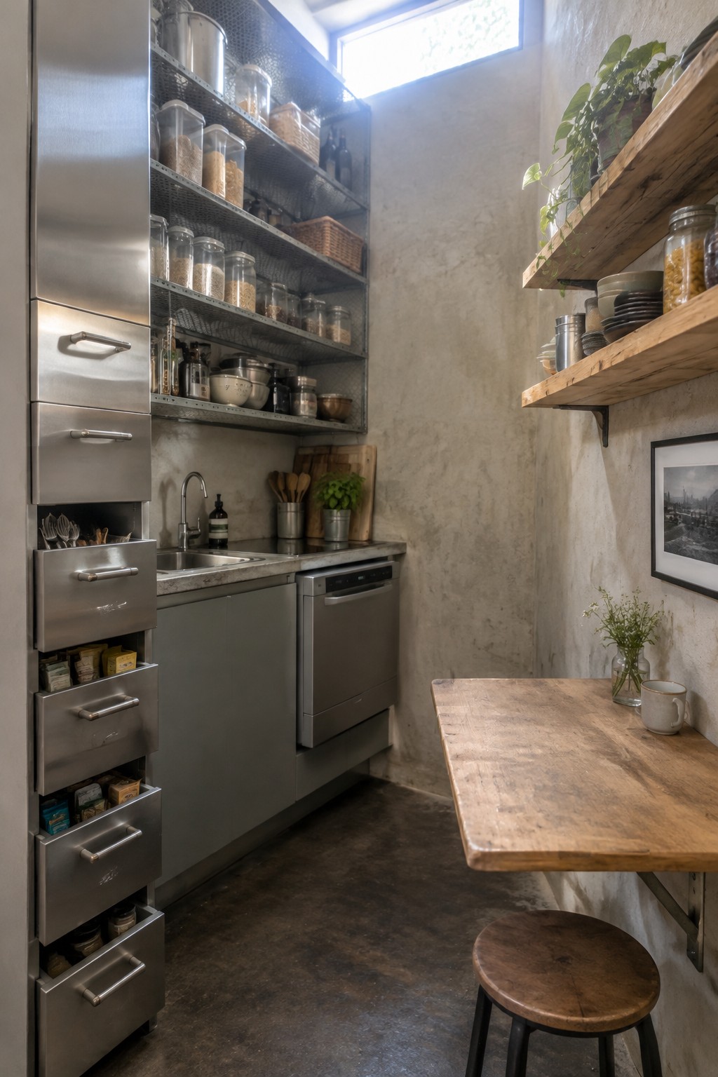A narrow kitchen with tall stainless steel cabinet drawers, open metal wall shelves holding glass jars and baskets, a stainless sink and dishwasher, and a wooden wall-mounted table with a stool.