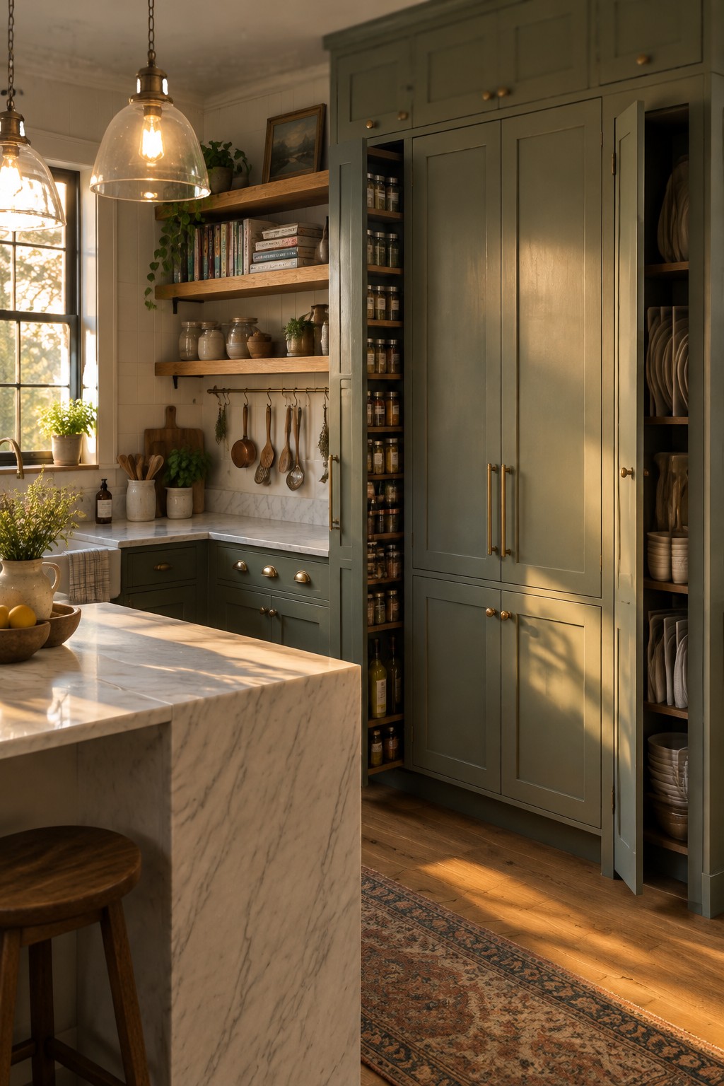 A kitchen with tall sage green cabinets, open wooden shelves lined with jars and books, and a marble island in the foreground.