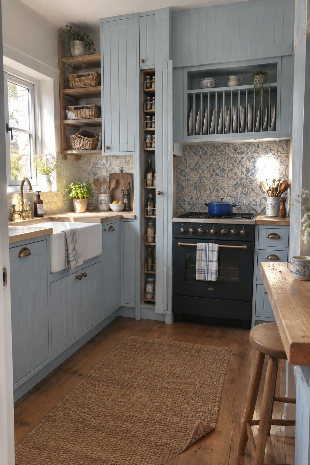 A compact kitchen with light blue tall cabinets, open upper shelving holding baskets, a vertical spice cabinet, a black range, and patterned tile backsplash.