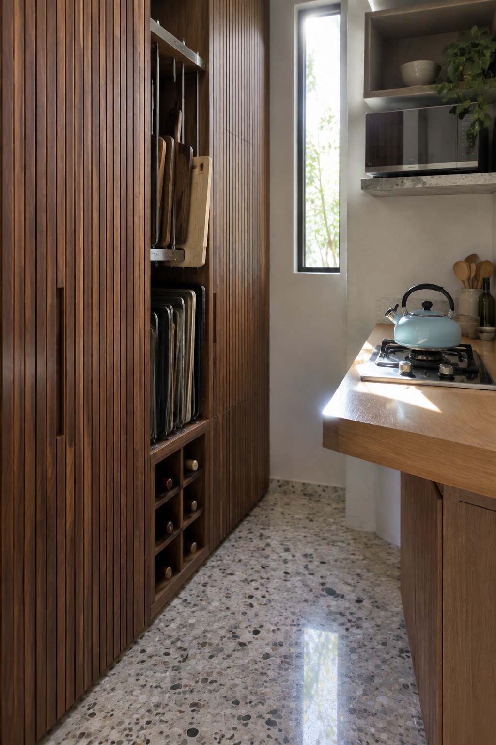 A narrow kitchen interior showing tall wooden slatted cabinets with vertical slots holding cutting boards and trays, lower cubbies for wine bottles, a terrazzo floor, and a wooden countertop with a gas stove and light blue kettle.