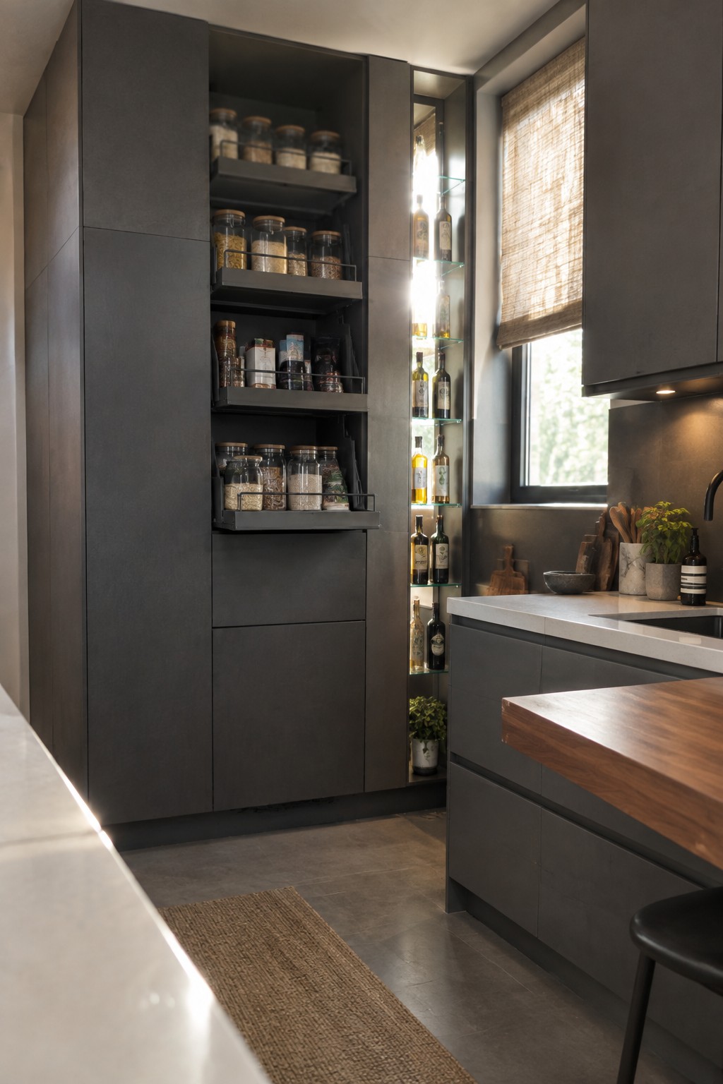 A modern kitchen with dark gray tall cabinets on the left fitted with multiple pull-out shelves holding glass jars, next to a narrow illuminated glass cabinet displaying wine bottles beside a white countertop.