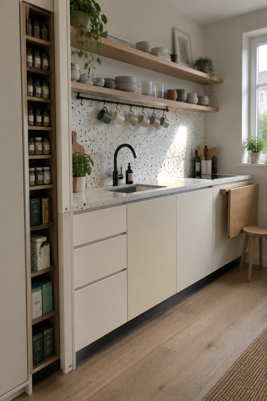 A compact kitchen featuring white lower cabinets, a black faucet over a sink, a terrazzo backsplash, open wooden shelves, and a tall narrow shelving unit stocked with spice jars.