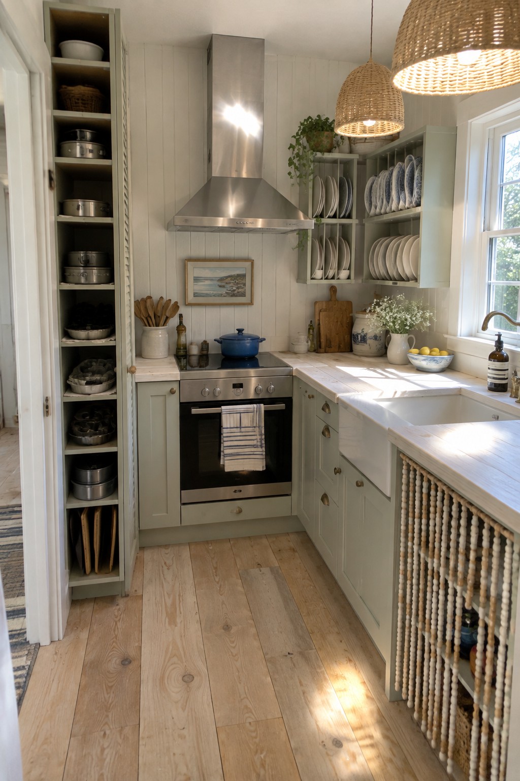 A small kitchen interior showing light green cabinets, a stainless steel range and hood, and a tall narrow open shelving unit on the left filled with stacked cookware and baking pans.