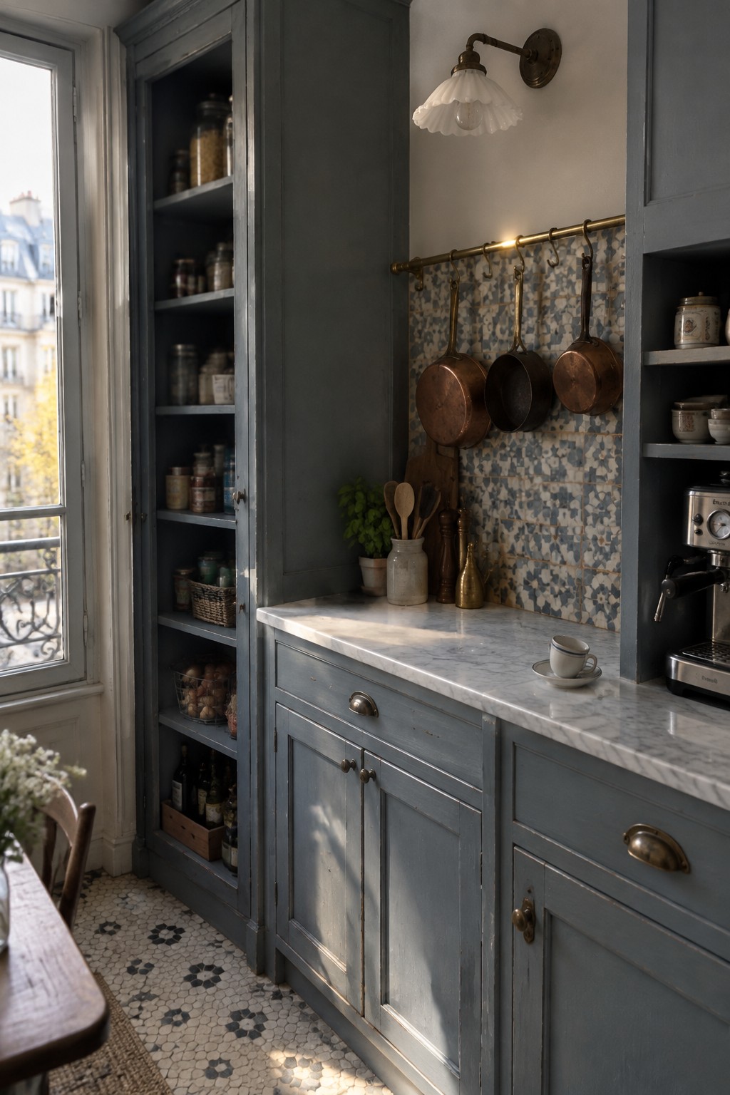 A small kitchen with blue-gray cabinets, a tall open shelving unit filled with jars and bottles, and copper pots hanging from a brass rail above a marble countertop.