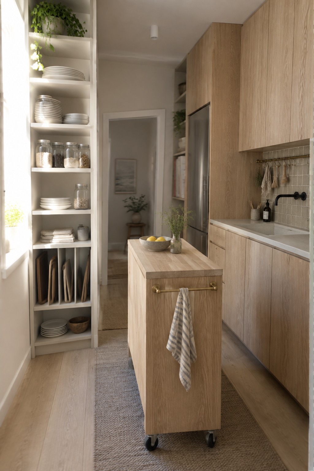 Light wood kitchen with rolling island, open shelves, stainless fridge, and woven rug.