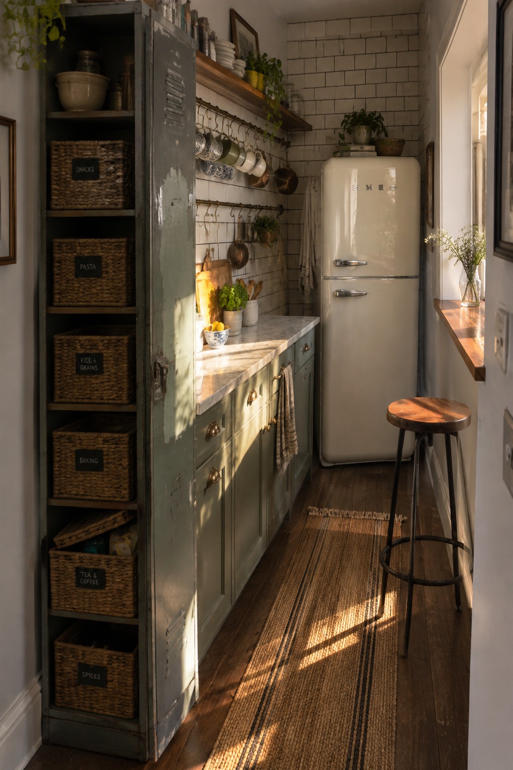 A narrow kitchen interior showing a tall green metal cabinet with multiple labeled woven baskets, a marble countertop, wall hooks with mugs, and a cream retro refrigerator.