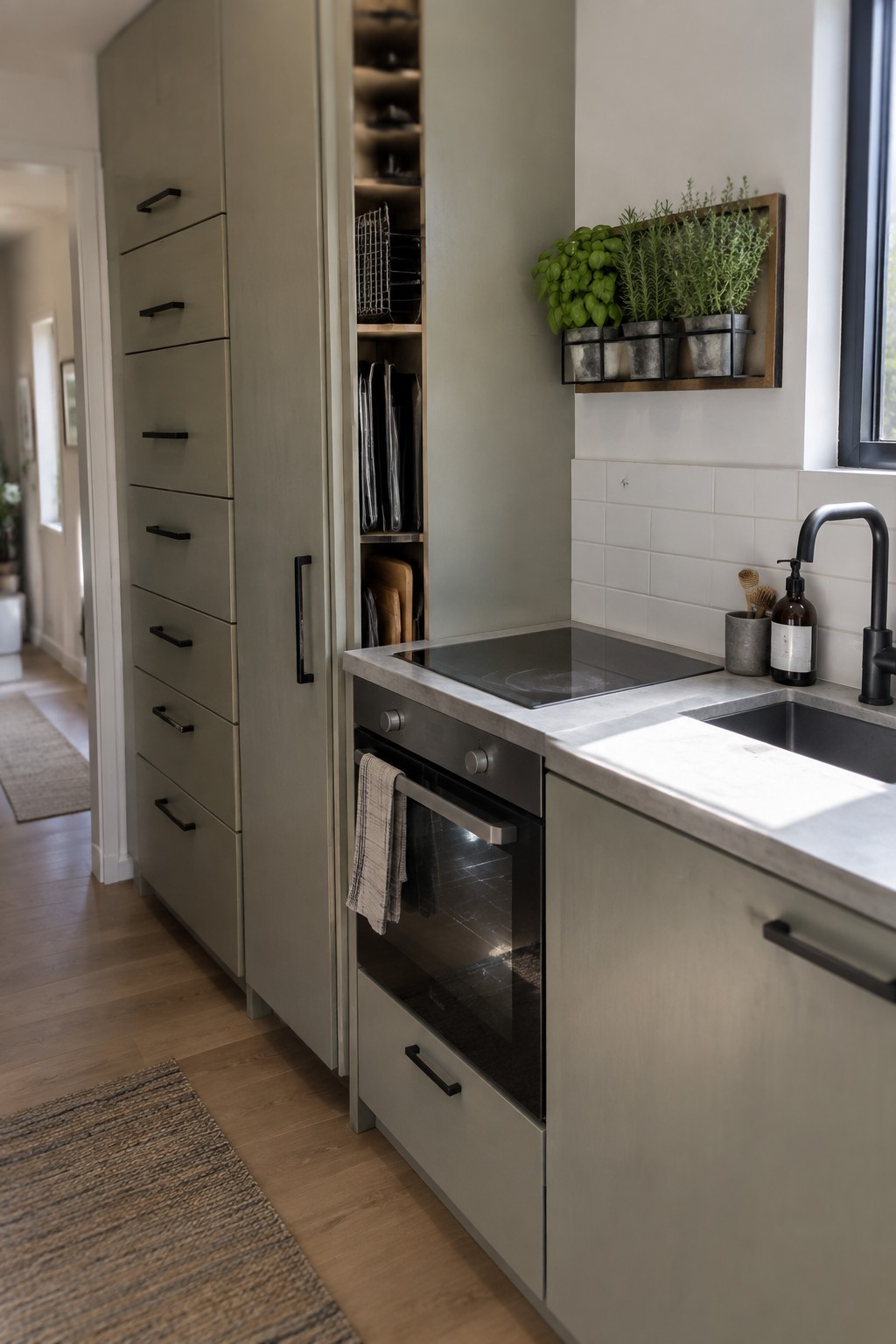 Modern kitchen with sage green cabinets, built-in oven, cooktop, and herb display.