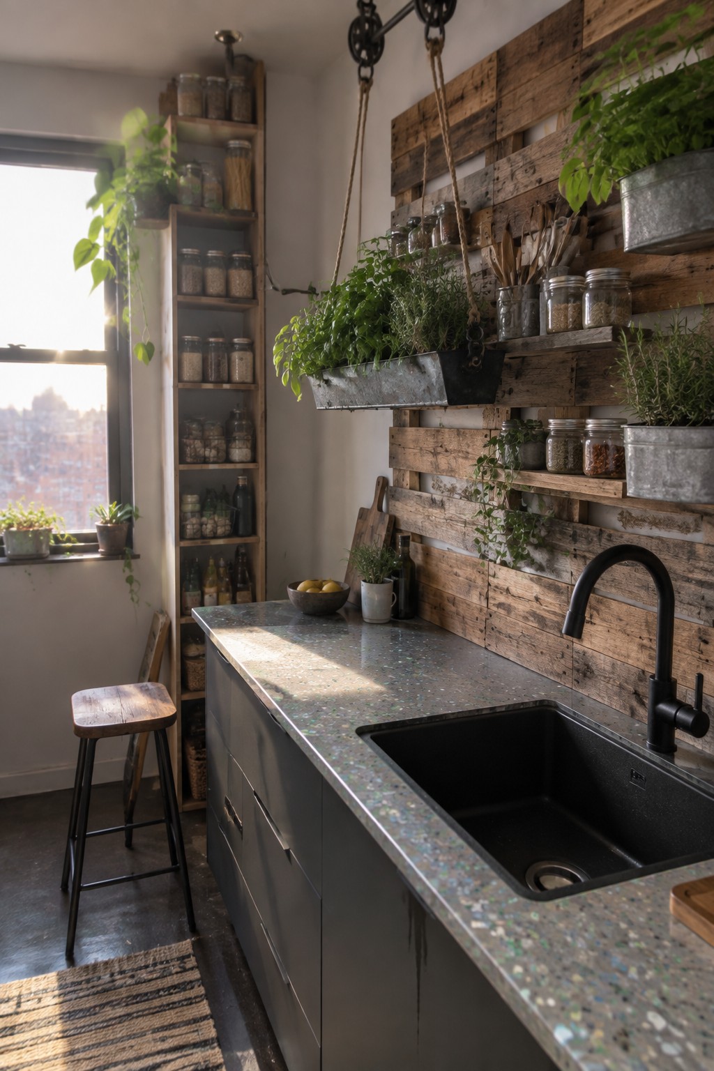 A small kitchen with dark cabinets, black sink, and wooden pallet walls holding glass jars, hanging plants, and kitchen tools.