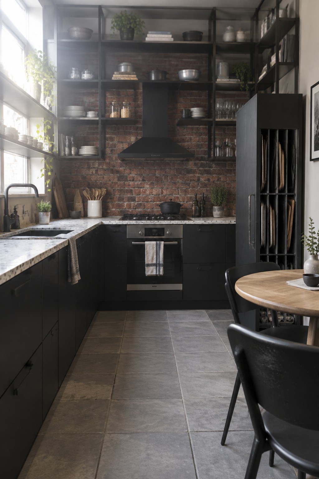 Modern black kitchen with brick wall, open shelves, marble counters, and round table.