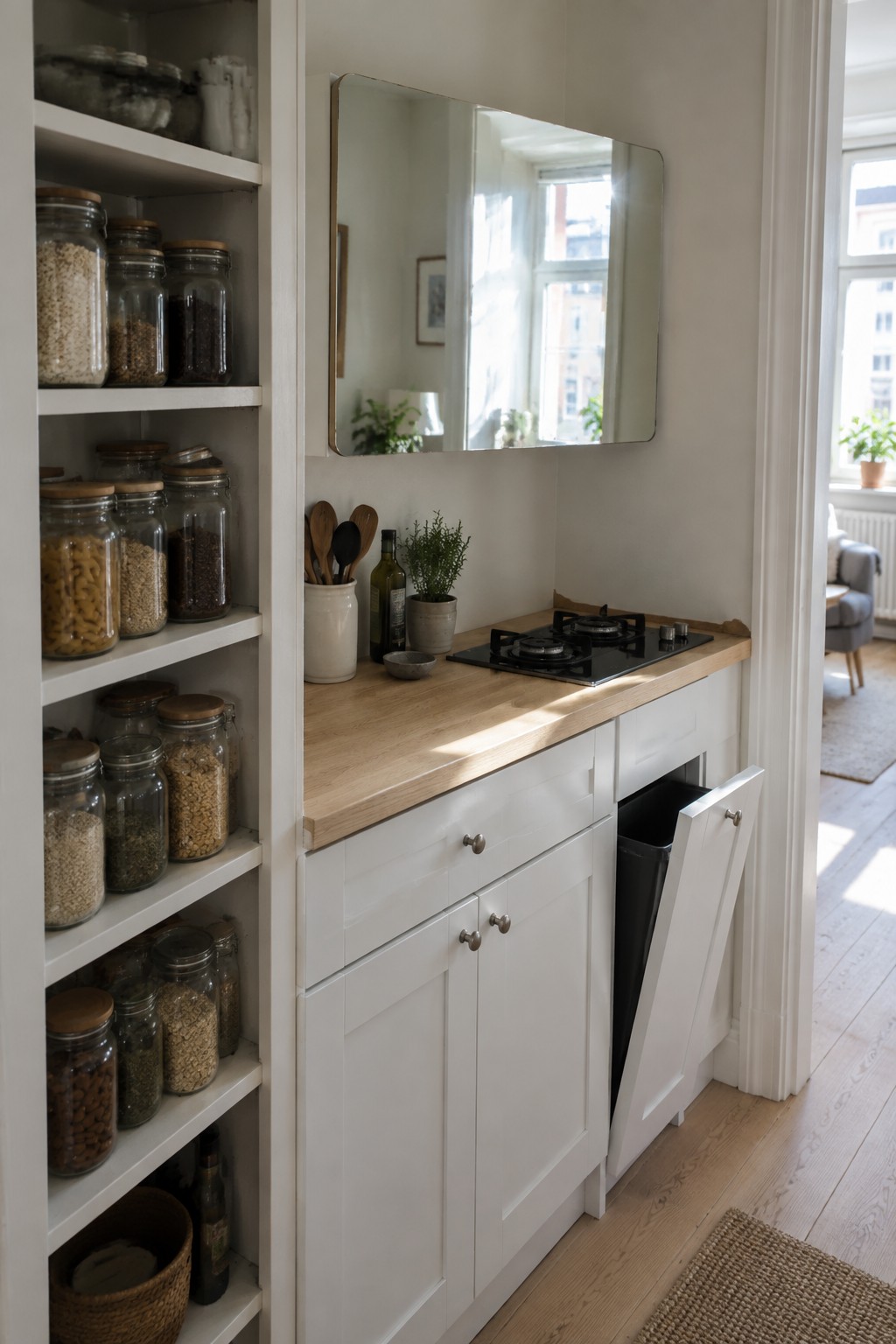 A small kitchen with tall white open shelving filled with glass jars of pantry items next to a light wood countertop and white lower cabinets.