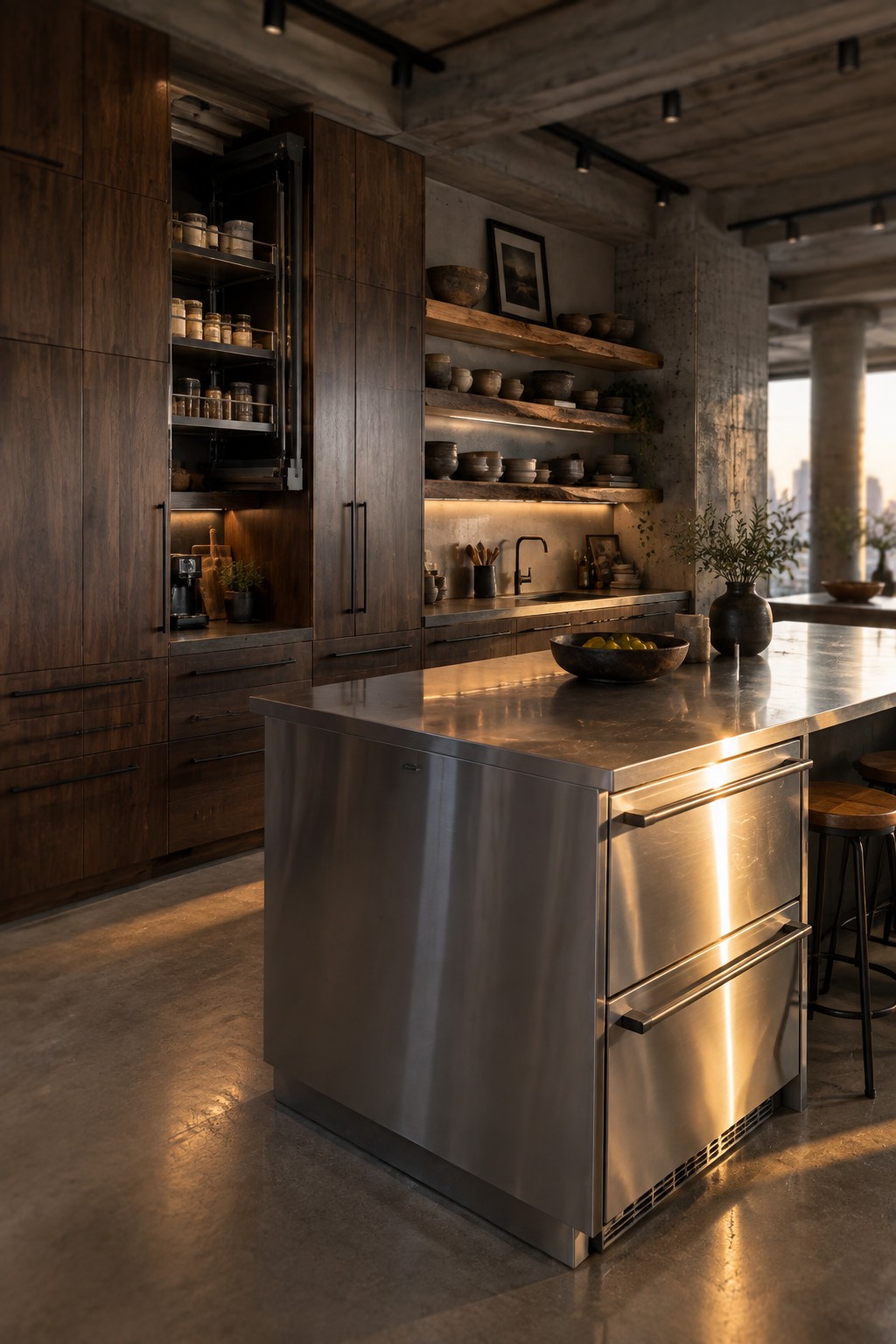 Modern kitchen with stainless steel island, dark wood cabinets, concrete walls, and city view.
