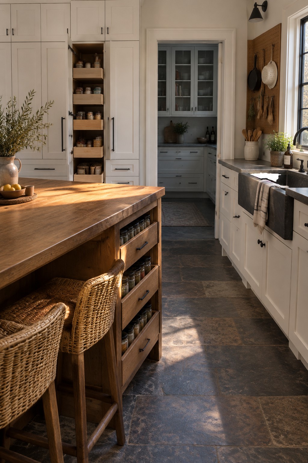Rustic kitchen with wooden island, wicker stools, white cabinets, and pull-out spice drawers