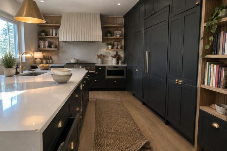 25 Smart Kitchen Cabinet Ideas Featuring Full-Height and Deep Storage A kitchen with black full-height cabinets, an open tall pantry section, a white marble island with deep drawers, and a dark range with a white hood.