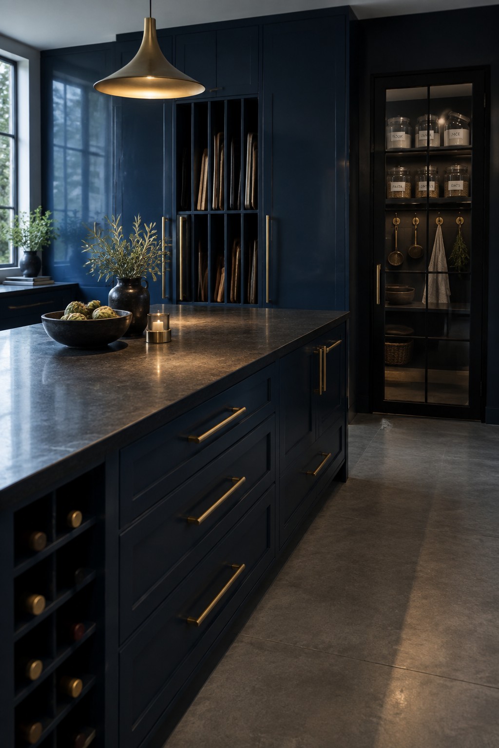 A kitchen with navy blue full-height cabinets, a dark stone island with deep drawers and wine storage, and a tall glass-front pantry cabinet on the right.