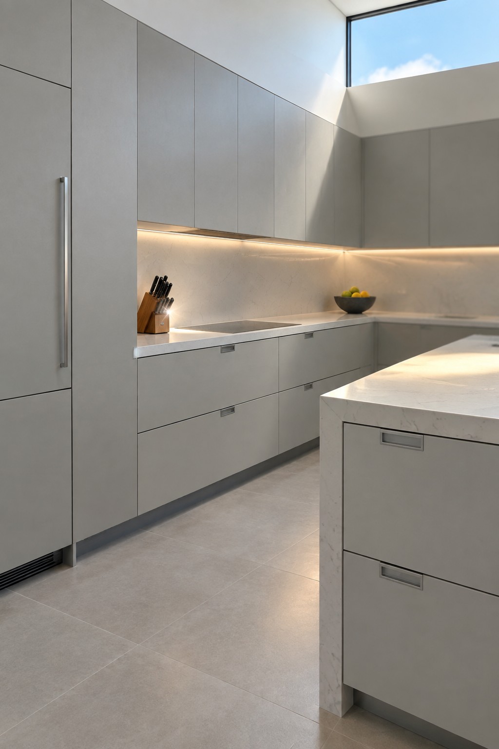 A modern kitchen with tall light gray full-height cabinets on the left wall, a long run of lower cabinets, white countertop, and integrated cooktop under a range hood.